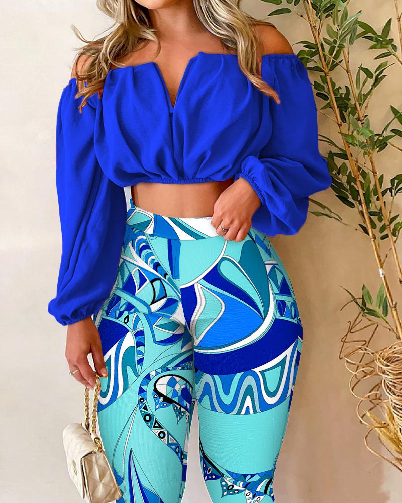 

Off Shoulder Ruched Crop Top & Abstract Print Pants Set, Blue