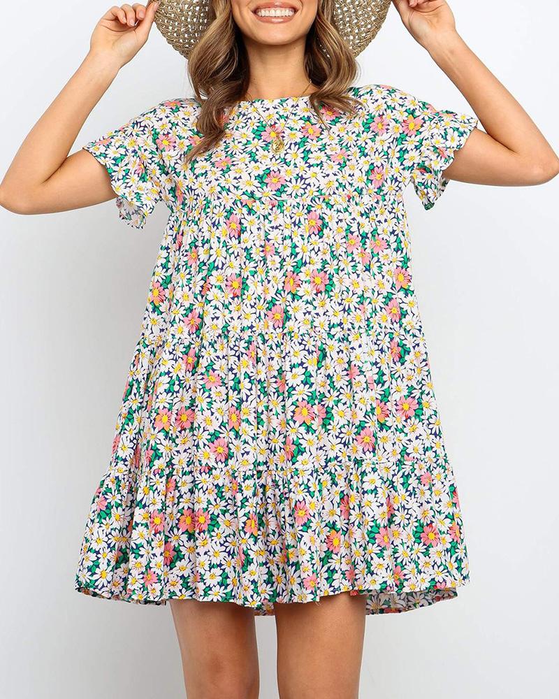 

Floral Print Ruffles Mini Dress, Green