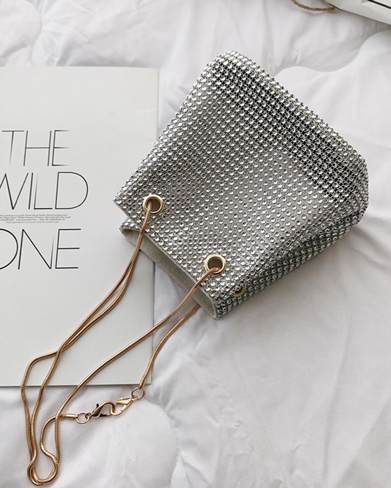 

Allover Rhinestone Eyelet Bucket Bag, Silver