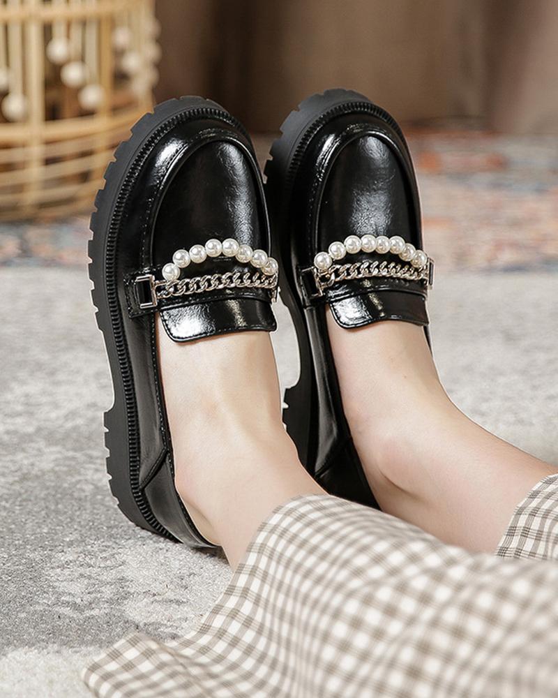 

Round Toe Oily Pearl Strip Platform Shoes, Black