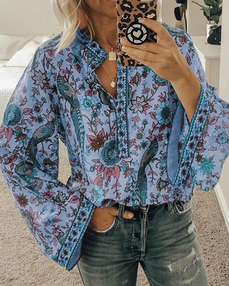 

Floral Bird Print Bell Sleeve Button Front Top, Blue