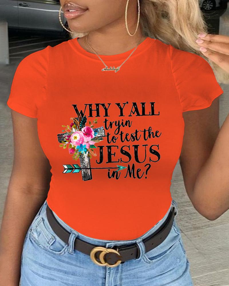 

Plus Size Floral Cross Graphic Slogan Print Casual T-shirt, Orange