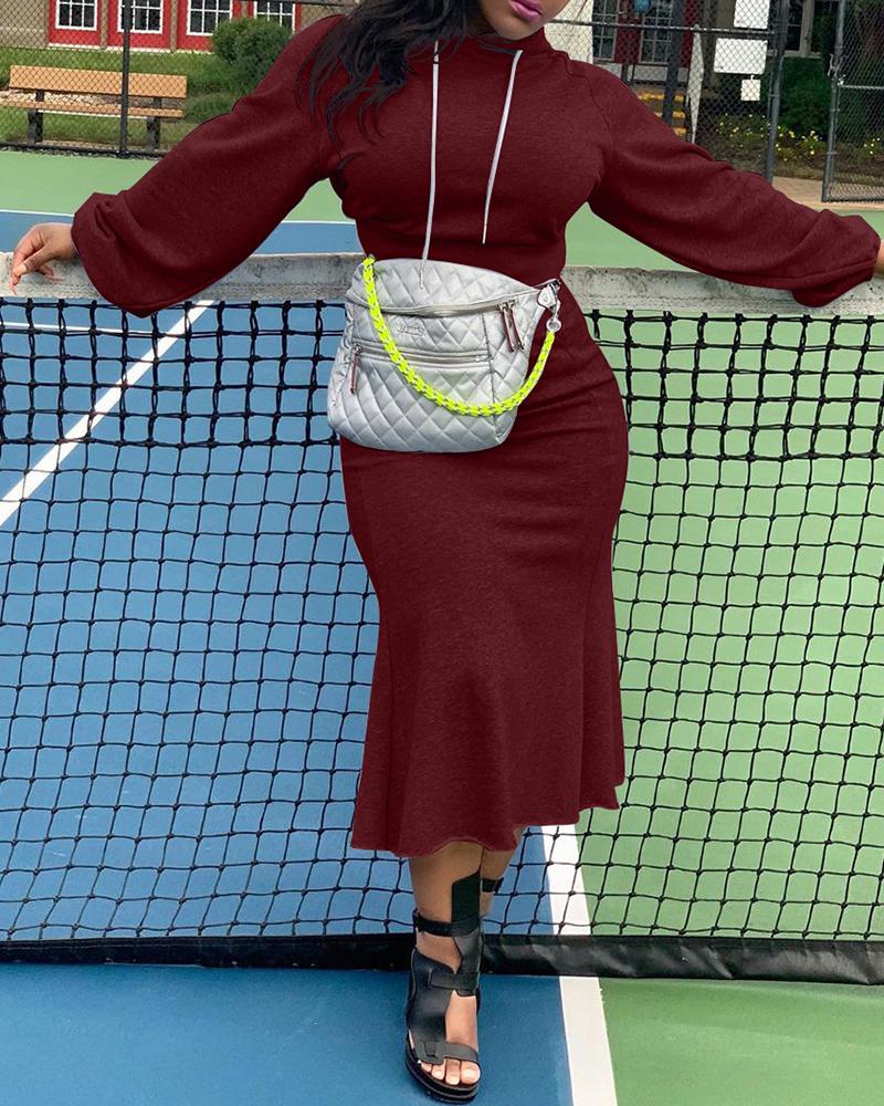 

Plain Lantern Sleeve Hooded Top & High Waist Mermaid Skirt Set, Wine red