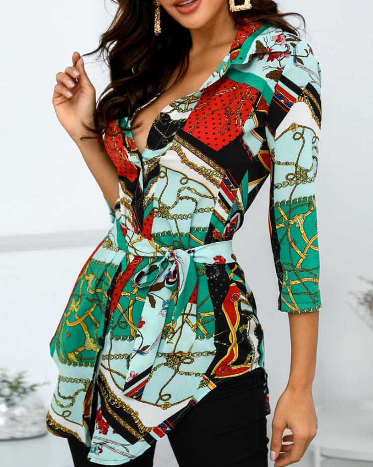 

Scarf Print Tied Waist Curve Hem Shirt, Multicolor