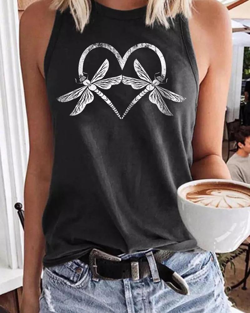 

Heart Dragonfly Print Casual Tank Top, Dark grey