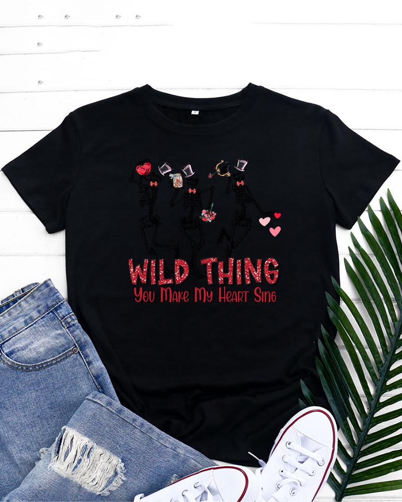

Valentine's Day Skull Skeleton Letter Heart Print T-shirt, Black