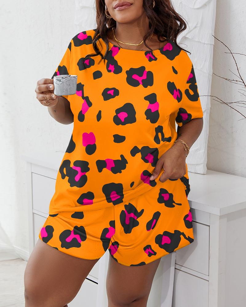 

Plus Size Pink Leopard Print Pajamas Set, Orange