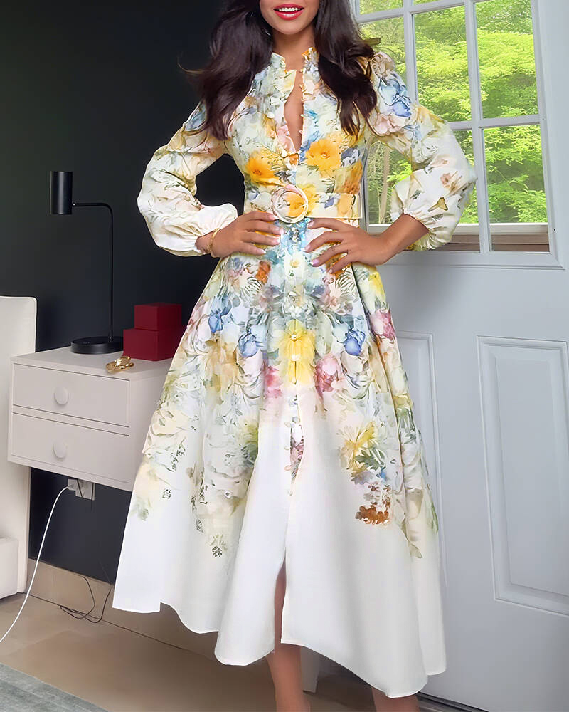 

Vestido de noche estilo francés con estampado floral, cuello alto, mangas acampanadas, botones, cintura ceñida y cinturón, Apricot