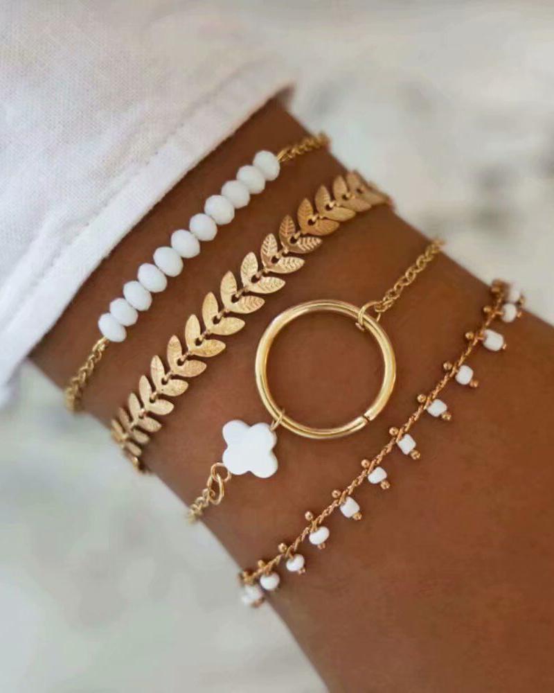 

Leaf Pattern O-Ring Beaded Bracelet, Gold