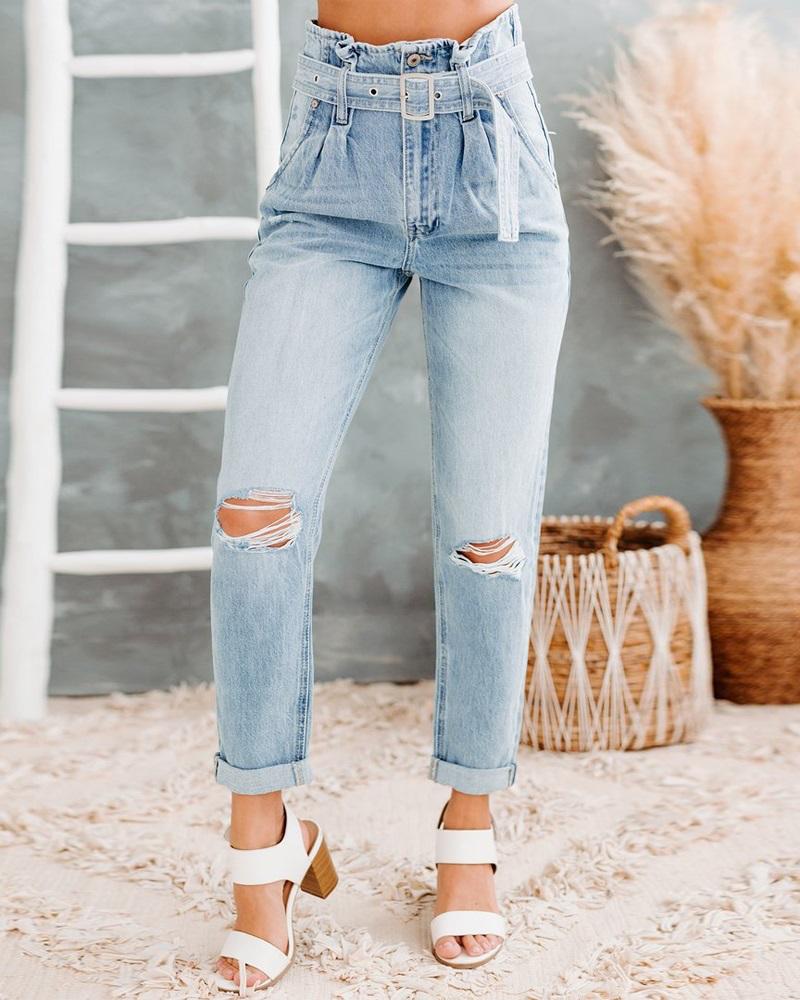 

Zipper Fly Ripped Belted High Waist Jeans, Blue