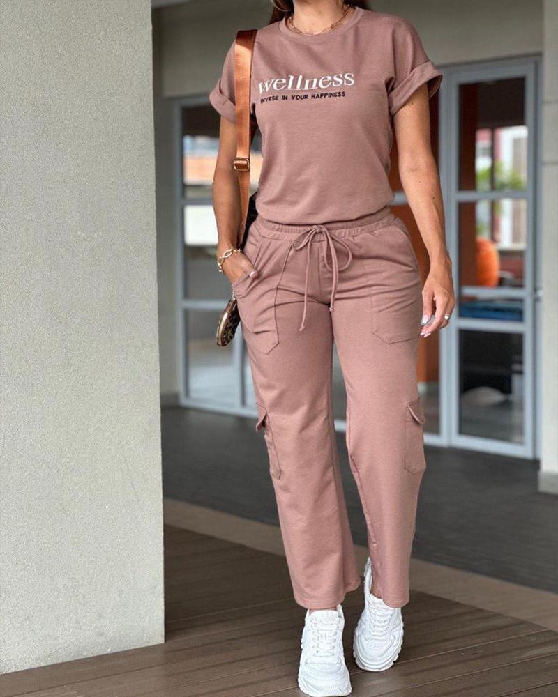 

Letter Print Top & Pocket Design Drawstring Pants Set, Brown