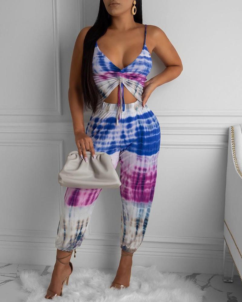 

Tie Dye Print Drawstring Ruched Cutout Jumpsuit, Purple