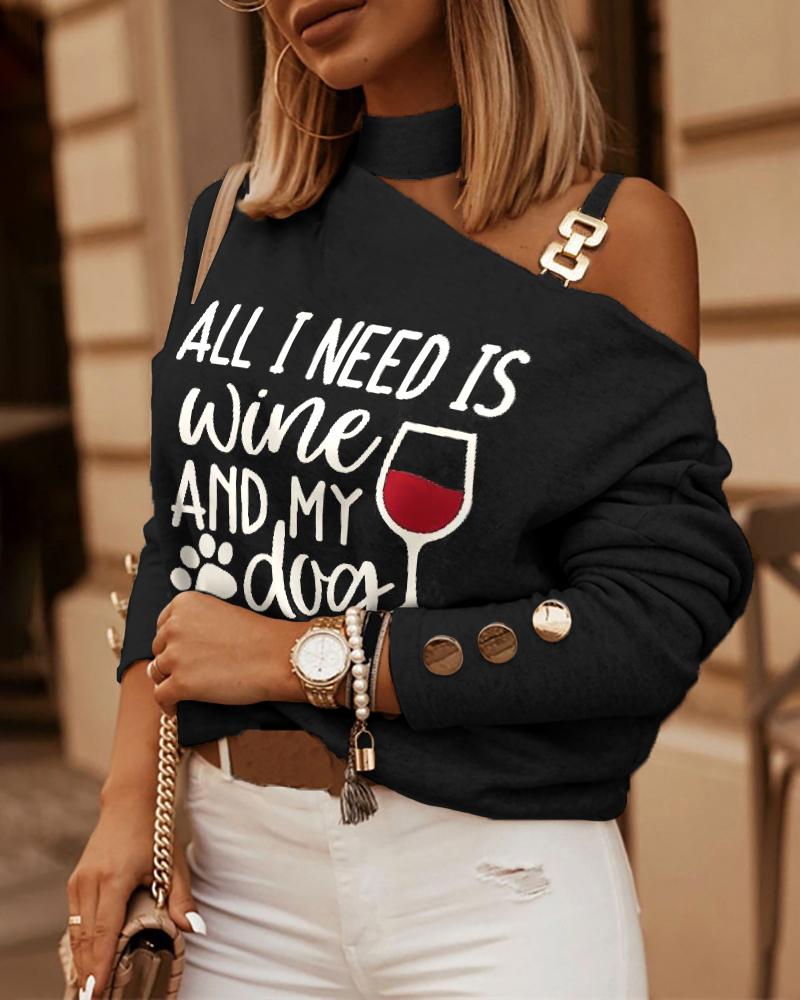

Wine Glass Letter Print Chain Strap Cold Shoulder Top, Black