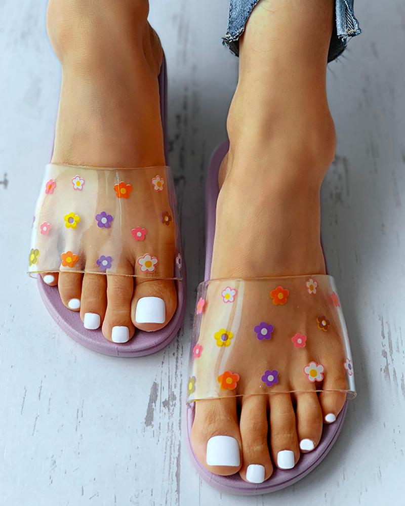 

Floral Pattern Transparent Strap Slippers, Purple