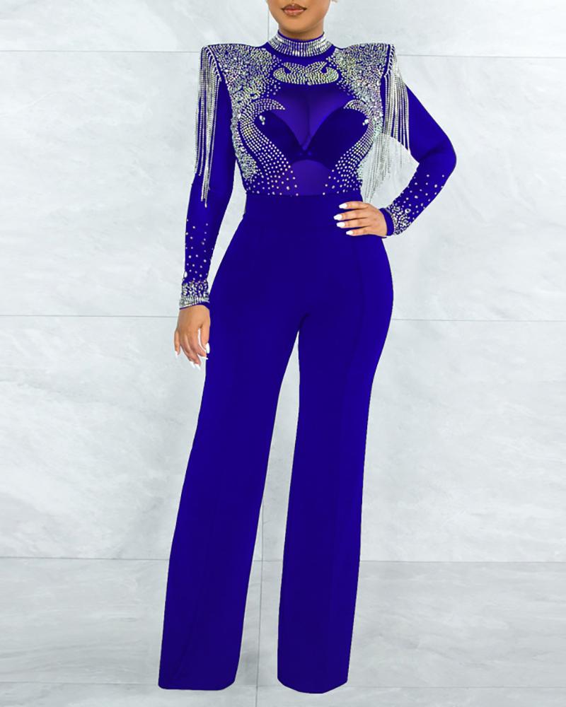 

Rhinestone Tassel Design Sheer Mesh Jumpsuit, Blue