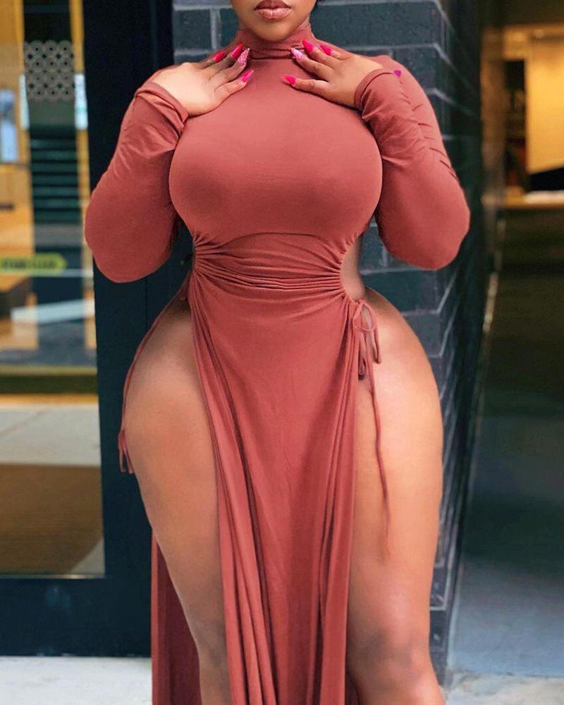 

Plus Size Drawstring High Slit Ruched Long Sleeve Maxi Dress, Pink