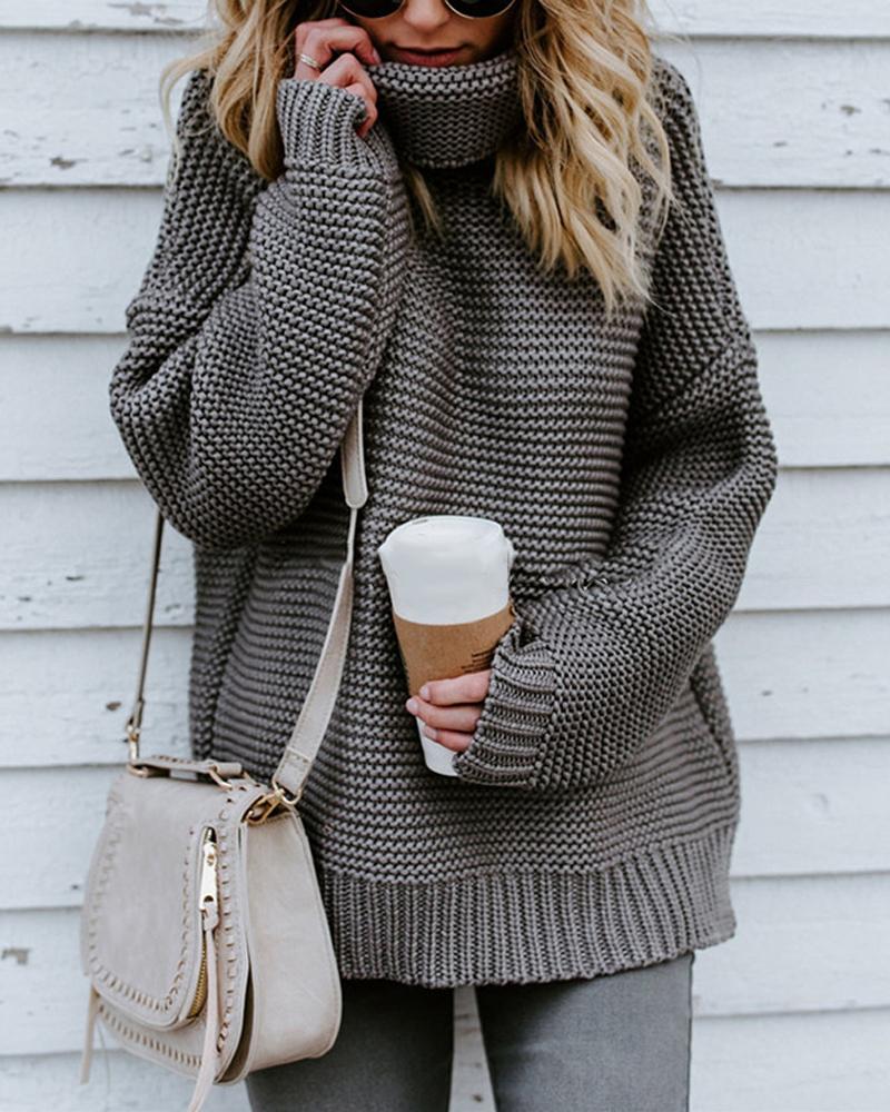 

Long Sleeve High Neck Chunky Knit Sweater, Gray