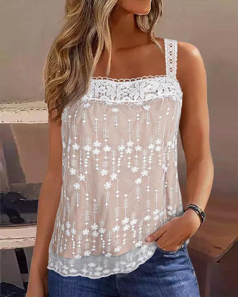 

Lace Patch Square Neck Tank Top, White