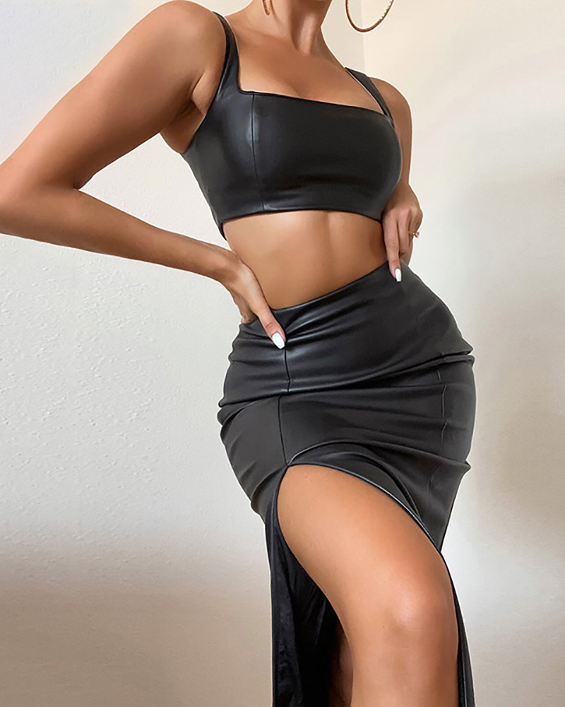 

PU Leather Sleeveless Crop Top & Slit Skirt Set, Black