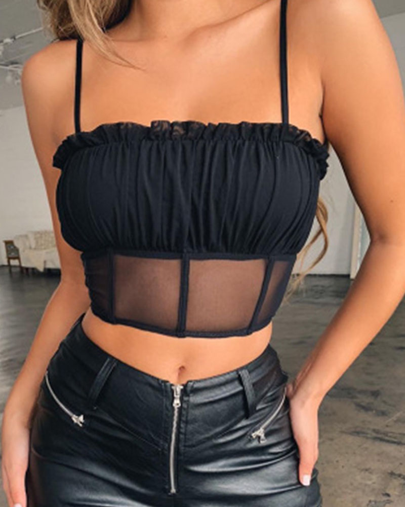 

Solid Mesh Contrast Strap Tanks, Black