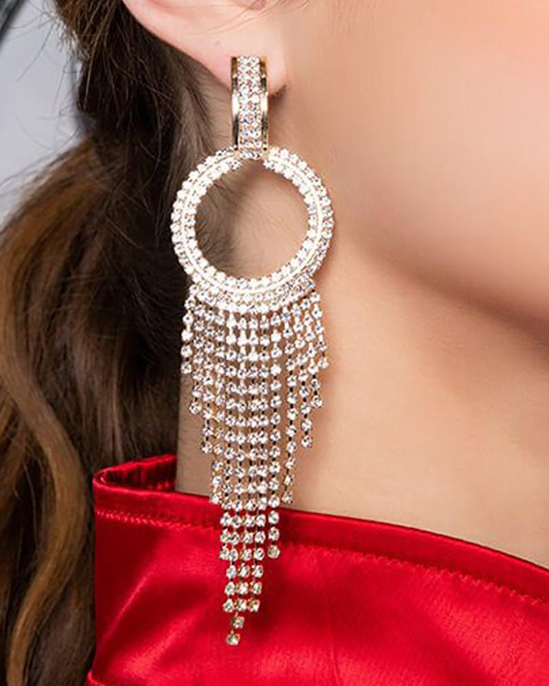 

1Pair Rhinestone Tassel Design Round Shaped Drop Earrings, Silver