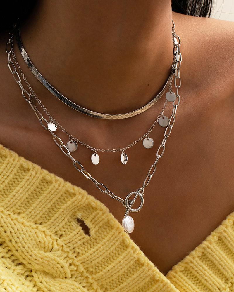 

Beaded Disc Pendant Chain Layered Necklace, Silver