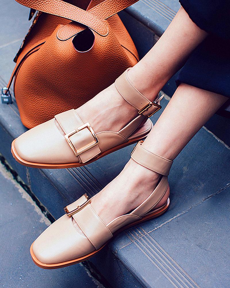 

Square Toe Buckled Ankle Strap Flats, Apricot