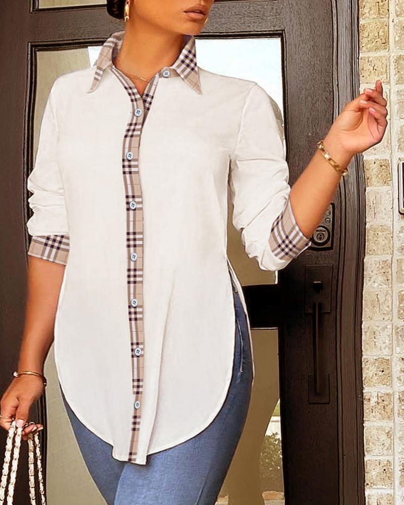 

Plus Size Plaid Print Patchwork Buttoned Slit Shirt, White