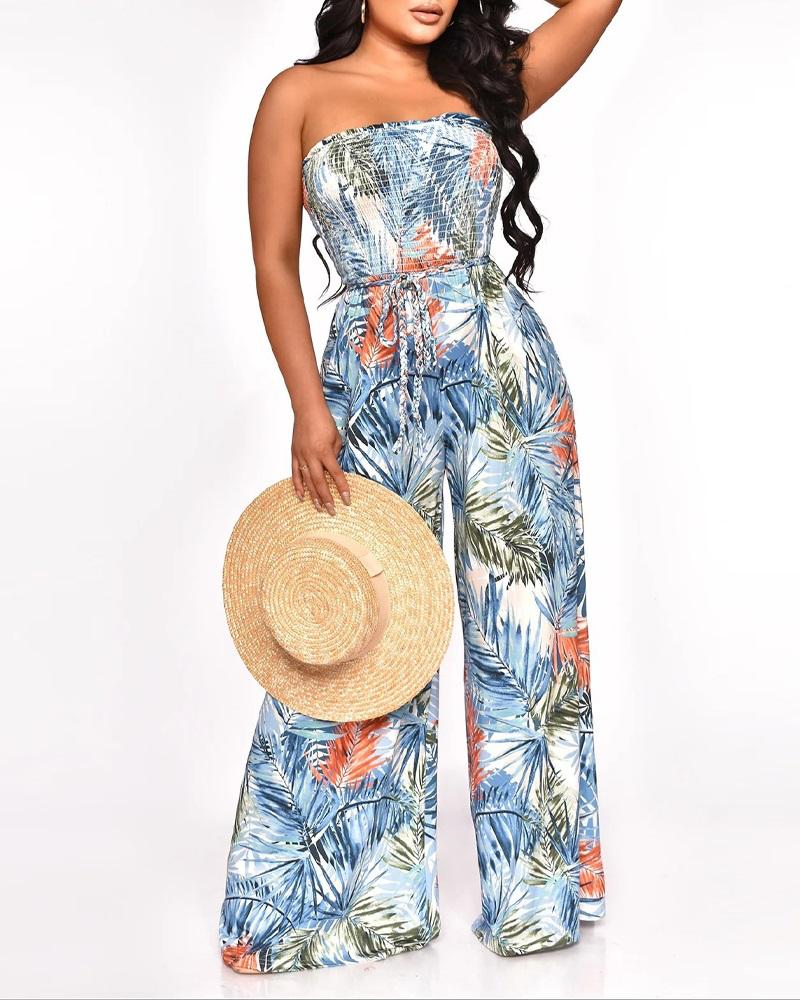 

Tropical Print Shirred Bandeau Jumpsuit, Blue