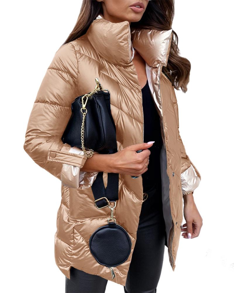 

Quilted Stand Collar Zipper Design Puffer Coat, Champagne