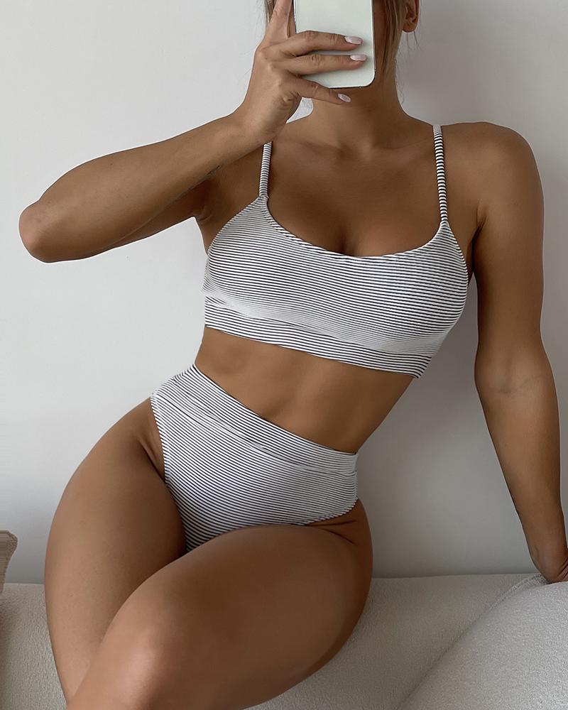

Striped Print Ribbed U Neck Bikini Set, Gray