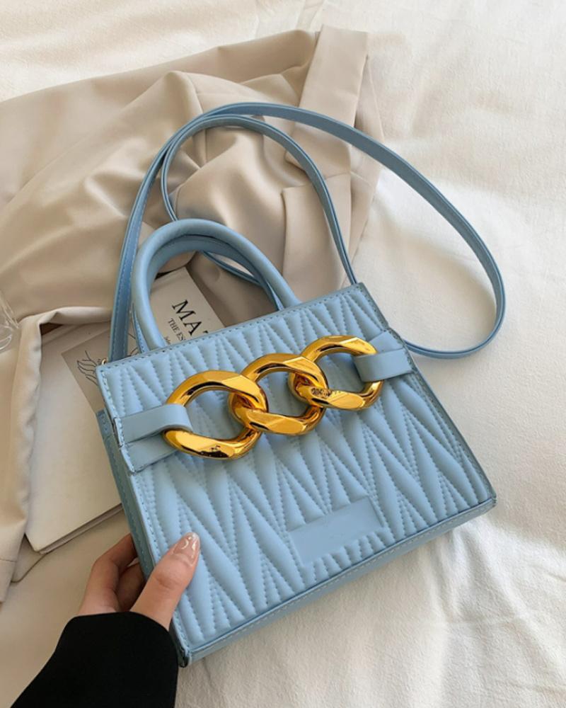 

Chain Decor Quilted Shoulder Bag With Handle, Lighted blue