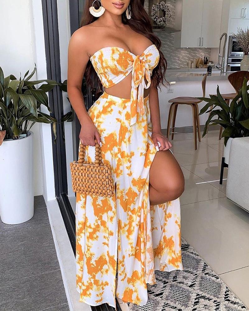 

Tie Dye Print Bandeau Crop Top & High Slit Maxi Skirt Set, Yellow