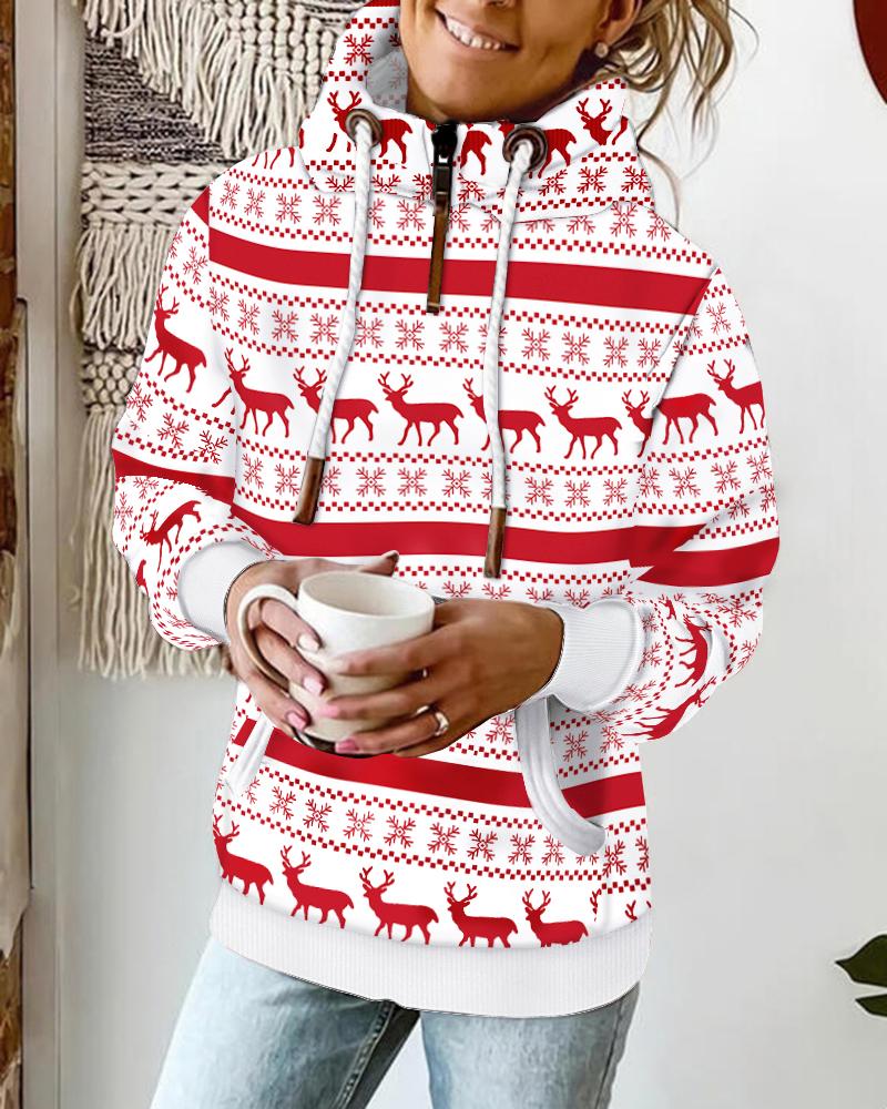 

Christmas Snowflake Elk Print Long Sleeve Hoodie, White