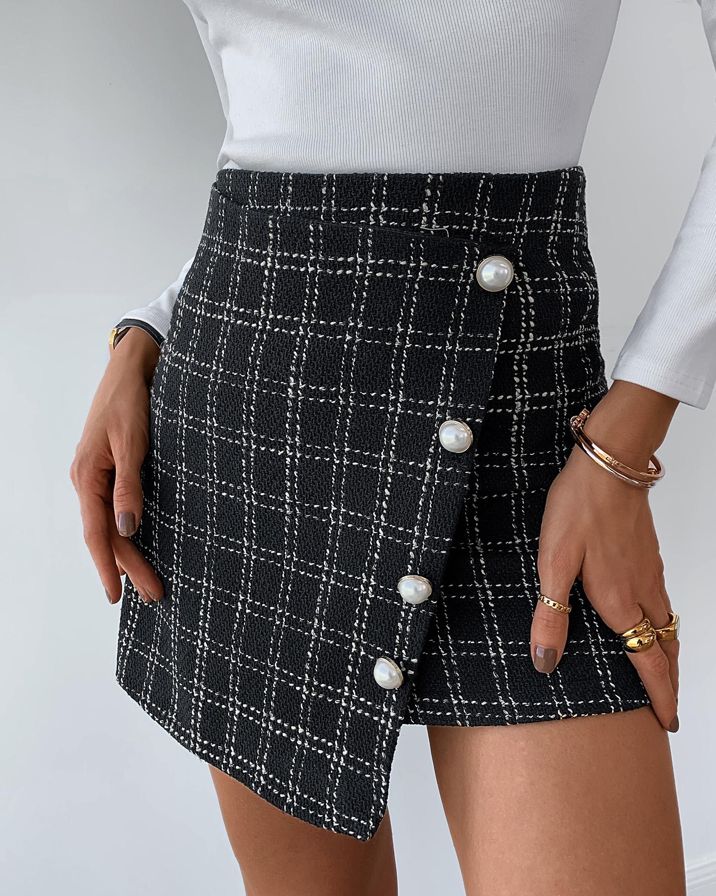 

Plaid Button Design Tweed Irregular Skirt, Black