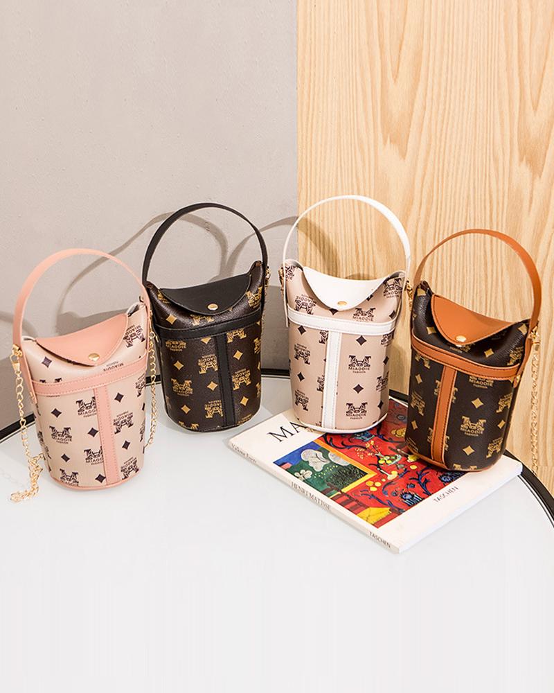 

Graphic Argyle Print Top Handle Buckled Handbag Chain Strap Crossbody Bag, Pink