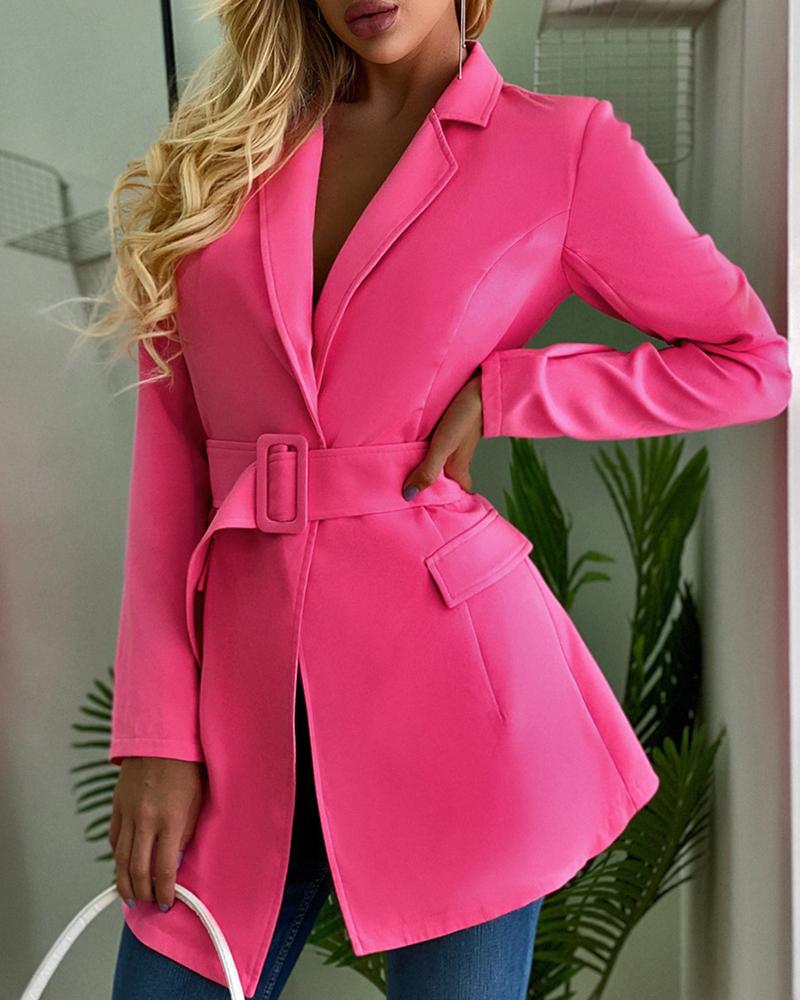 

Pocket Design Long Sleeve Solid Blazer Coat, Hot pink