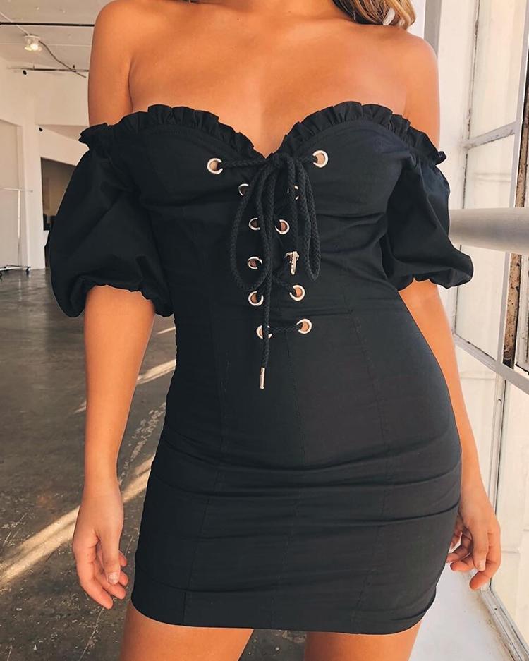 

Fashion Frilled Lace-Up Eyelet Off Shoulder Dress, Black
