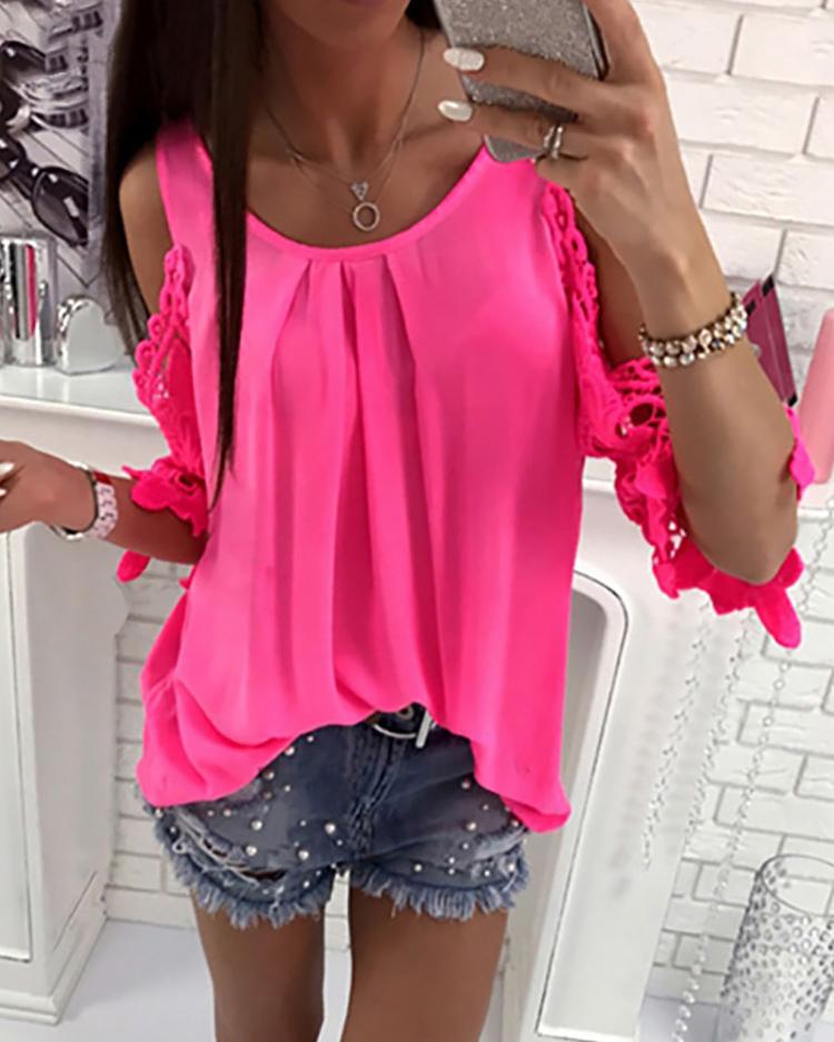 

Lace Crochet Cold Shoulder Pleated Women Blouse, Blue