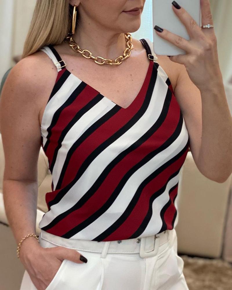 

Striped Colorblock V-Neck Sleeveless Top, Red