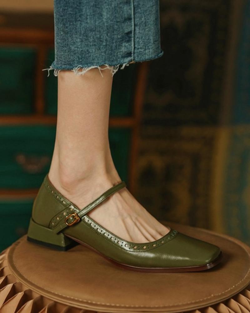 

Square Toe Hollow Out Buckled Chunky Heels, Green