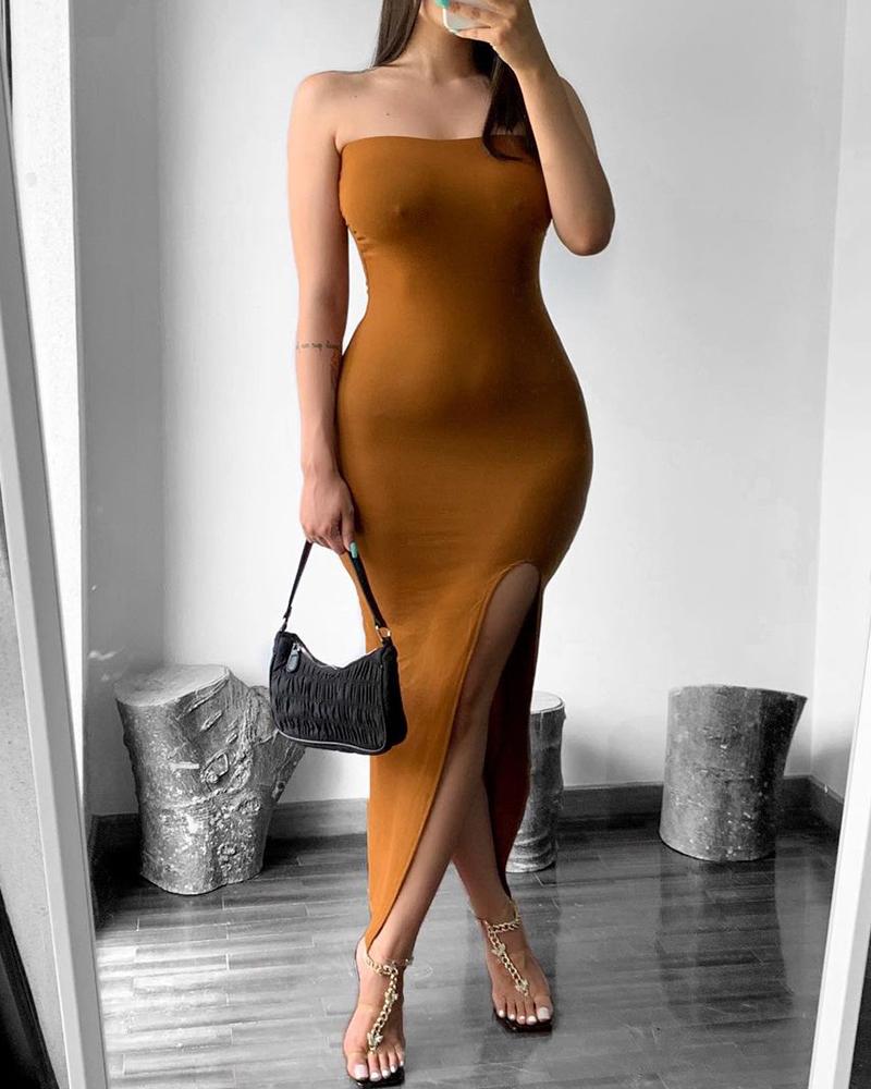 

High Slit Bandeau Skinny Maxi Dress, Brown
