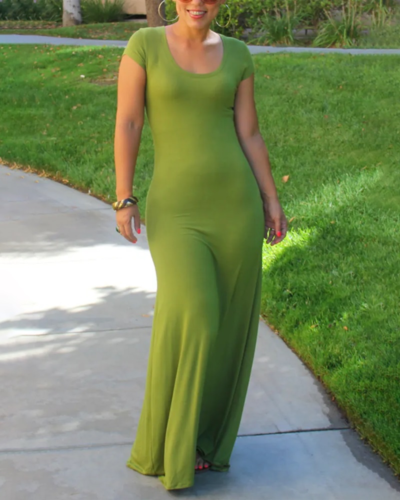 

Plain Short Sleeve Maxi Dress, Green
