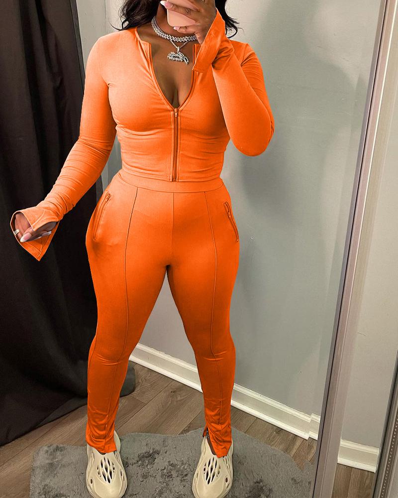 

Split Hem Flare Sleeve Zip Up Top & Leggings Sports Set, Orange