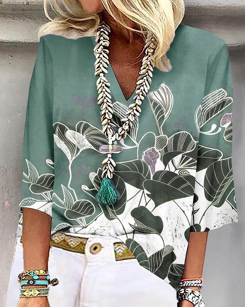 

Floral Print V-Neck Bell Sleeve Top, Green