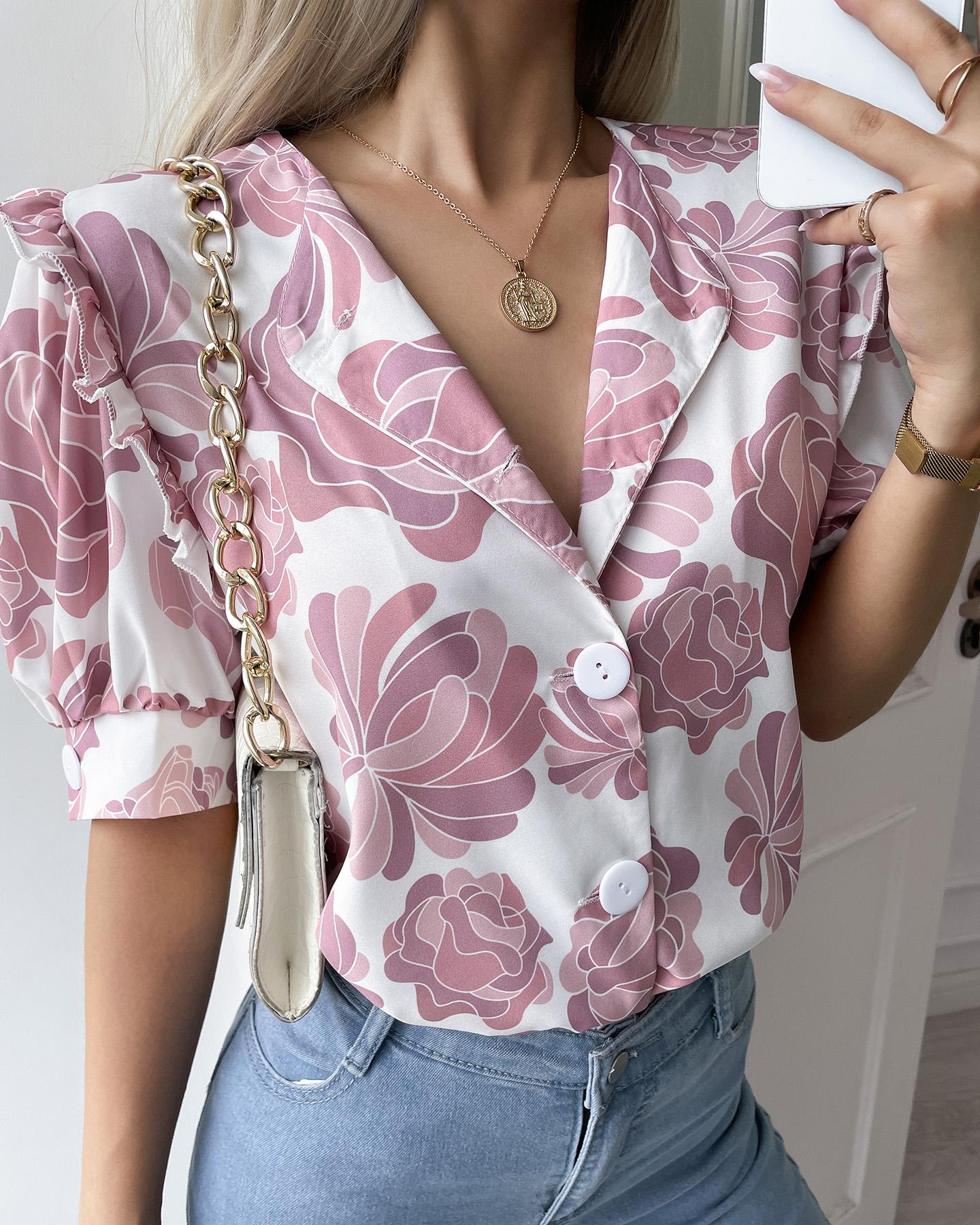 

Floral Print Button Front Puff Sleeve Blouse, Pink