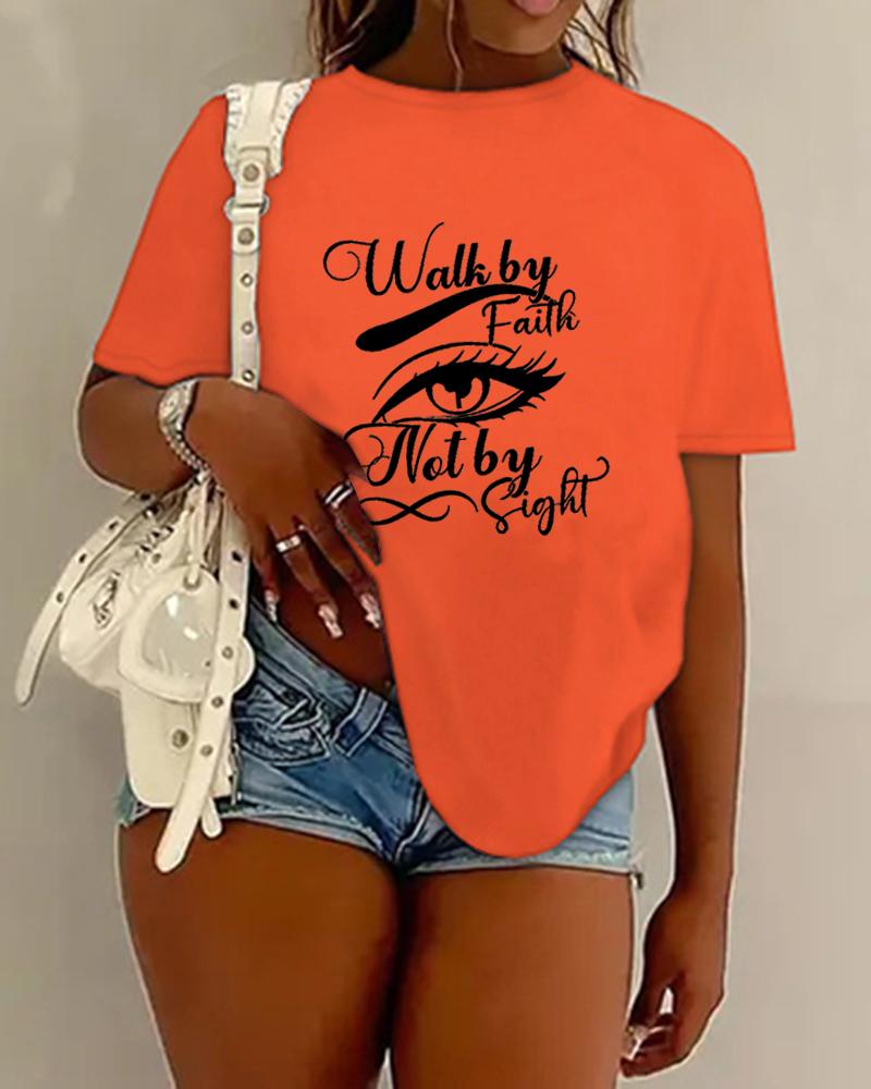 

Plus Size Figure Walk On Faith Not By Sight Print Casual T-shirt, Orange