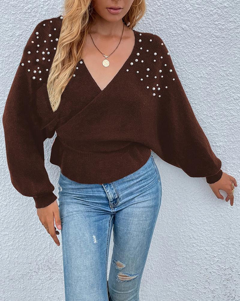 

Pearls Decor Batwing Sleeve Sweater, Brown