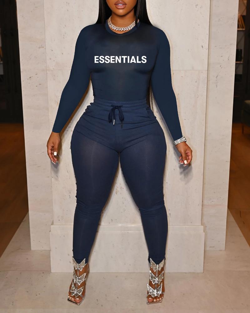 

Letter Print Long Sleeve Top & Drawstring Pants Set, Purplish blue