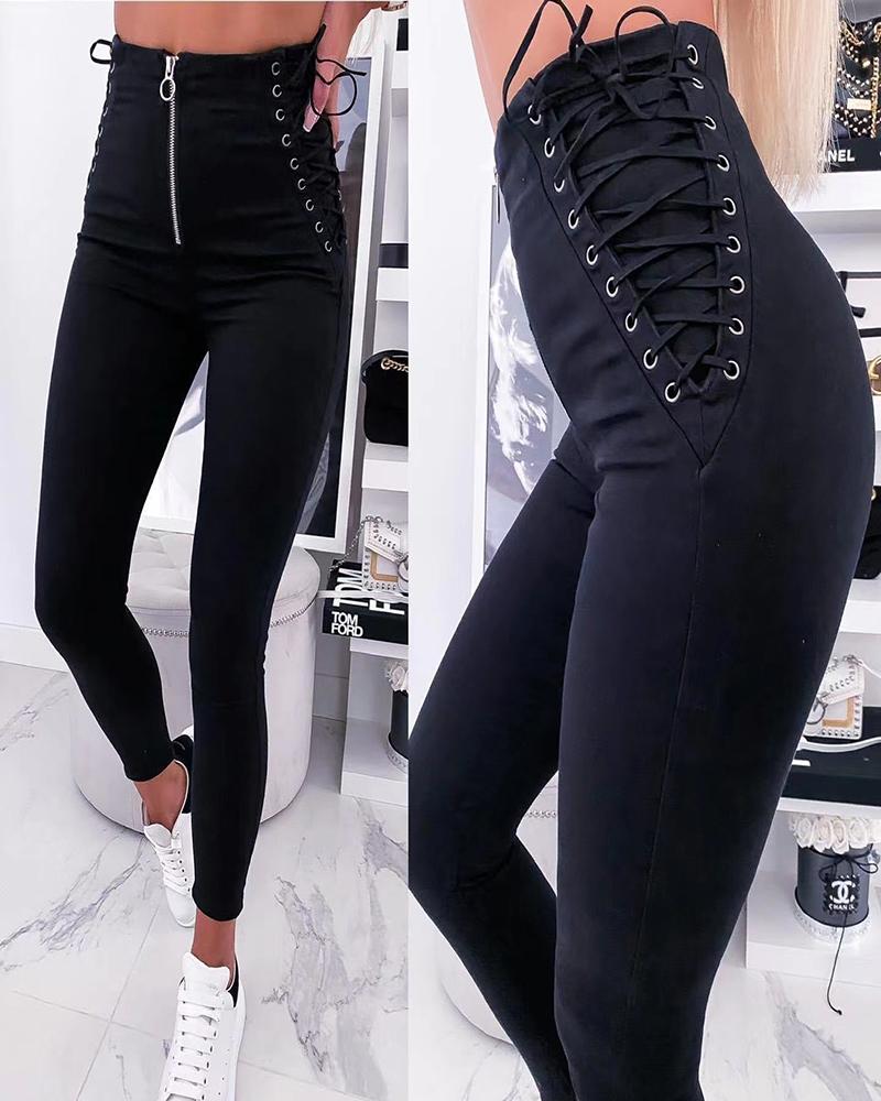 

Eyelet Lace-up Zip Front High Waist Pencil Pants, Black